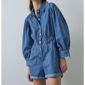 Zara Womens Medium Wash Blue Puff Sleeves Button Front Denim Romper XS
